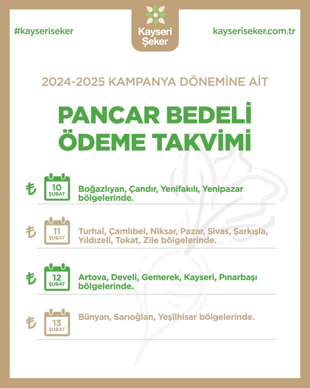 Kayseri Şeker Pancar Bedeli Ödemeleri Takvimi Yayınladı